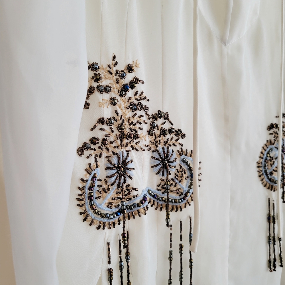 RANDOLPH DUKE Sheer Off White Beaded Boho Flounce Top - Picture 5 of 6